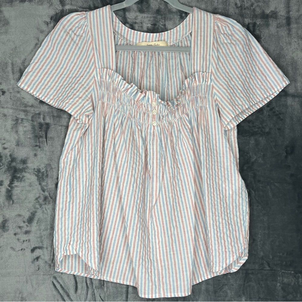 Anthropologie Isabella Sinclair Blouse Women’s S/Small Red, White, Blue Smocked